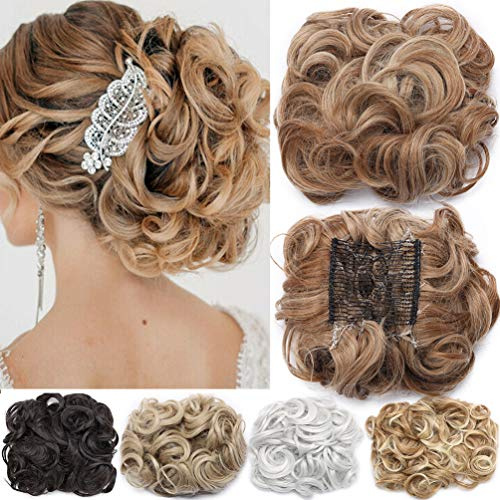 Short Messy Curly Dish Hair Bun Extension Easy Stretch hair Combs Clip in Ponytail Extension Scrunchie Chignon Tray Ponytail Hairpieces Blonde Highlight
