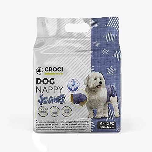 Croci Dog Nappy Jeans Lot de 12 Culottes absorbantes pour Chiens Femelles Taille M – Ø 32 – 44 cm – Couche hygiénique Cycle et Pipi pour Chien, Anti-Odeur, jetable – Fermeture adhésive réglable