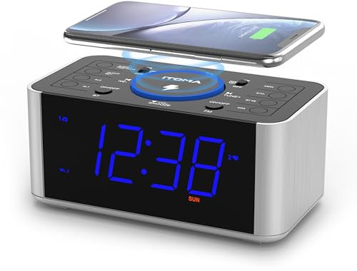 iTOMA Alarm Clock Radio with 5W Wireless Charging, Snooze,Bluetooth, Dual Alarm, 1.4'' LED Display, Dimmer, USB Charging Clock for Bedside 206