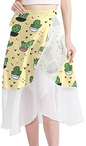 Cartoon Cactus Pot Women Beach Sarongs Sheer Cover Ups Chiffon Bikini Wrap Skirt for Swimwear Multicoloured