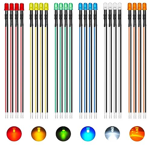 AUKENIEN 60 st 5 mm 12 V LED-dioder före ledningar LED-lampor diod sändare kit 6 färger DC 12 volt vit röd gul grön blå orange vridbar rund lampa med motstånd och trådbunden