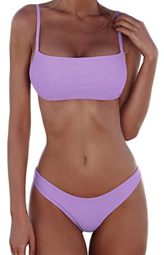 meioro Ensemble Maillot de Bain Bikini pour Femmes Bas de Maillot Taille Basse Maillots de Bain à String sans Armatures pour Nager(Violet Clair,S)