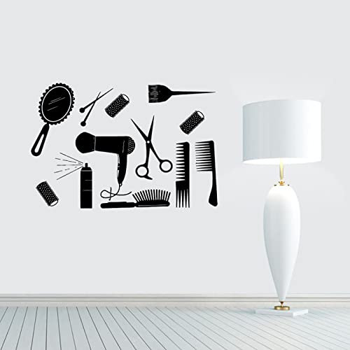 HUANYIN vinilo salón de pared pegatina peluquería tijeras secador de pelo papel pintado para peluquería salón pegatina calcomanía de pared, 30cmx44cm