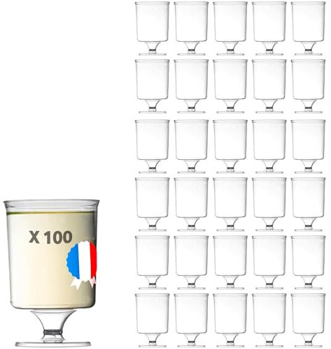 Table'Colors 100 Verres à Vin Plastique Reutilisable 17cl - A Pied pour Apéritif - Idéal pour Mariage - Anniversaire - Fabriqué en France - Base Stable - Facile à Tenir - Transparent