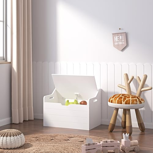 Duffy® Wooden Toy Box, Kids Bench and Storage Chest with Safety Hinged Lid, Handles, Children's Organizer Cabinet for Playroom Bedroom (White)