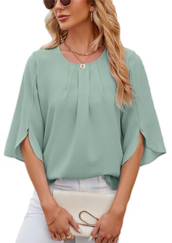 LEKOPUR Grün Oberteil Damen Elegant 3/4 Arm Bluse Tunika Chiffon Damenblusen Oberteile Einfarbig Frühling Herbst Blusenshirt Flowy Sommerbluse