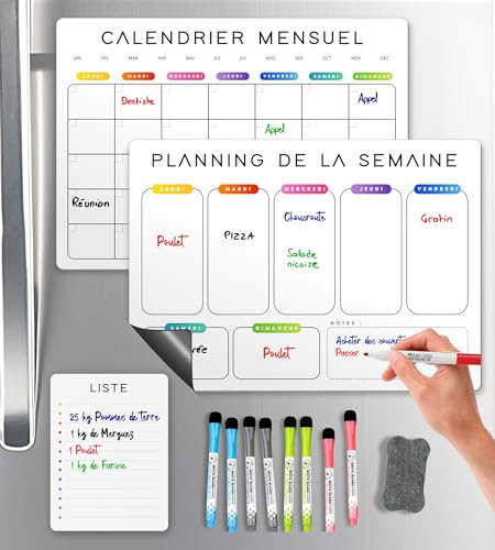 SKYCROO ® Calendrier Magnetique Frigo Blanc x3 + Accessoires - Planificateur Hebdomadaire + Mensuel + Mémo Aimanté Planning Semaine Tableau Magnétique Organisateur Familial Planner Semainier Tableaux