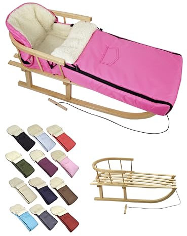 BambiniWelt Holzschlitten mit Rückenlehne & Zugseil + Winterfußsack 108 cm – warmes Thermofleece, wasserabweisend – Kombi-Set für Kinderwagen & Buggy, Farbe: pink
