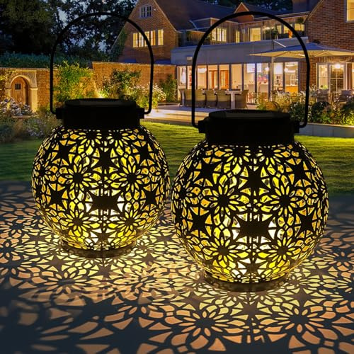 2026 Newest Solar Lanterns Light, KALAHOL 2 Pack Outdoor Lanterns for Garden with Beautiful Pattern, Outdoor Hanging Garden Solar Lights for Outside Patio Table Balcony Courtyard