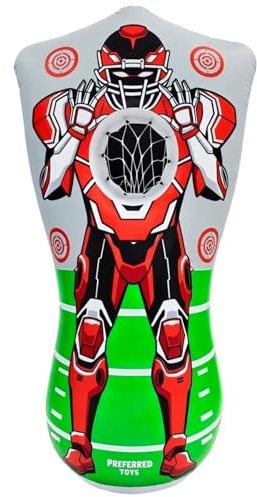 Preferred Toys 65” Inflatable Football Target Net Toss Game - Double-Sided Throwing Practice Football Stuff with Mini Balls - Backyard Tailgate Party Sports Toy for Kids & Adults - Robot Red/Blue