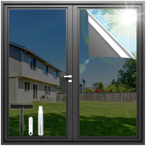 rabbitgoo Vinilos para Cristales Efecto Espejo con Kit de Instalación, Estatico Reutilizable, Lamina Solar Ventana Anti UV Anti Calor, Vinilos Espejo para Ventanas Privacidad, 44.5x200cm, Negro Plata