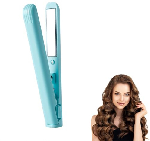 Eznaobo Mini Dual Purpose Curling Iron, 2-in-1 Portable Travel Curling Wand and Flat Iron for All Hair Types (Blue)
