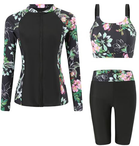 Ausing 3-teiliger Rash Guard Damen Langarm Badeanzug Schwimmanzug Sonnenschutz Bademode Rashguard Shirts Badeshorts M