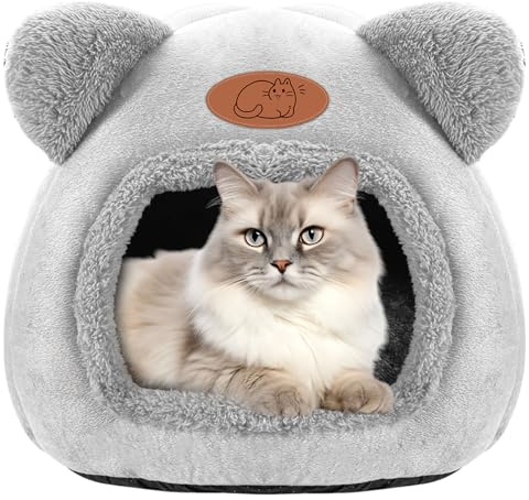 TUAKIMCE Cat Bed for Indoor Cats, Cat Cave kitten bed Igloo, Kitten Tent House with Removable Washable Pillow Cushion, Warming Fluffy, Foldable Portable Pet Bed Ideal for Cats and Puppy (Grey)