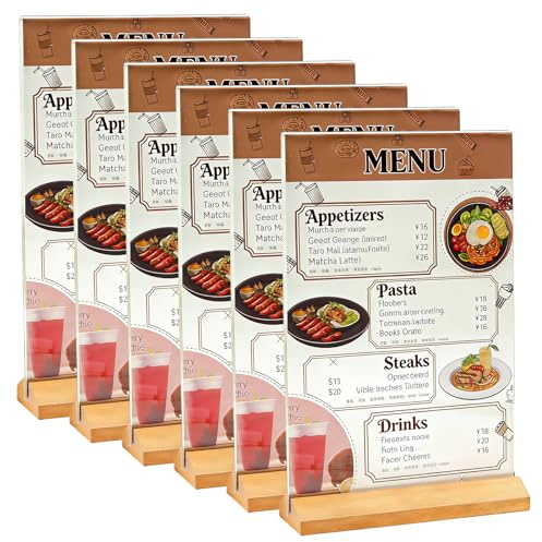 GBKDQQ Lot de 6 présentoirs de table A6 en acrylique - Format portrait avec pied en bois - Porte-cartes de menu double face - Support d'étiquettes de prix - Support d'affichage transparent pour