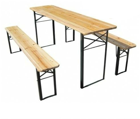 HYGRAD BUILT TO SURVIVE Outdoor Wood Wooden Vintage Folding Beer Table Bench Set Trestle Party Picnic Pub Garden Furniture Steel Leg