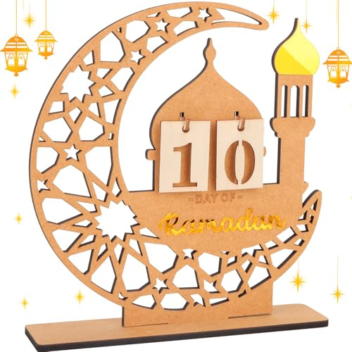 DPKOW Decoration Calendrier Ramadan 2026 en Bois, Calendrier de l Avent Ramadan 2026 de 30 Jours avec Chiffres avec étiquettes Numérotées, Decoration Aid Moubarak, Motif de la Mosquée du Croissant