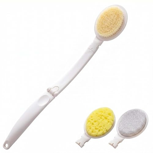 ZhcwlDuschgardin ryggborste krämhjälpmedel långt handtag duschborste 3-i-1 ryggskrubborste lotion applikator utbytbara huvuden seniorer peeling vit 48 x 8 cm
