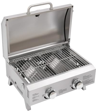 Barbecue a gas portatile a 2 fuochi, barbecue a gas da tavolo con griglia, griglia compatta da 55,8 x 45 cm, da campeggio con regolatore del gas, coperchio, in acciaio inox, piccolo per terrazza