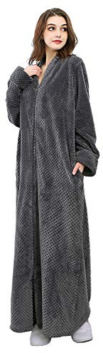 Artfasion Womens Fleece Robe Plush Long Zip Front Bathrobe with Pockets Warm Soft Zippered Bathrobes for Mom Wife Mother's Day Gifts (Grey XL)