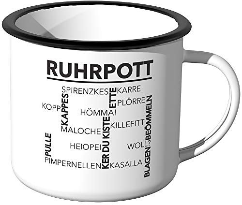 JUNIWORDS Emaille-Tasse, Ruhrpott Wörter, Schwarzer Tassenrand