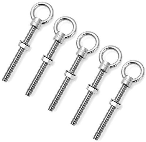 QWORK® Threaded Eye Bolts, M10 x 100mm Long Stainless Steel Marine Grade Shoulder Eye Bolt, 5 PCS
