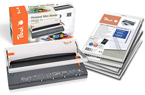 Peach Draht Bindemaschine - Personal Wire Binder DIN-A4 - bindet 60 Seiten - inkl. 5x PW079-07 Wire Binding Combi Box - 5x20 Binderücken Silber - Deckblätter - 6 Blatt Stanzkapazität - PB300-15P