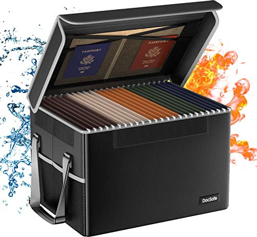 DocSafe - Boîte de rangement ignifuge avec couvercle, boîte de rangement pliable pour documents à suspendre, classeur juridique, boîte de rangement avec poignée - Noir
