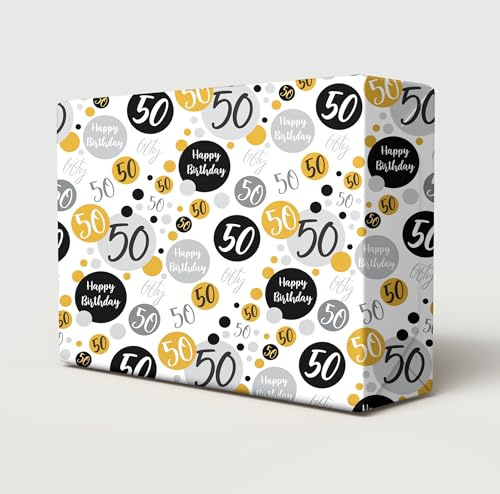 4 hojas + 4 etiquetas de regalo a juego para cumpleaños 50 años, papel de regalo para hombres y mujeres (PA)