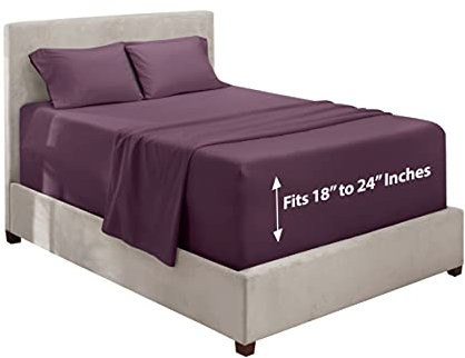 Hearth & Harbor 4-teiliges Bettwäsche-Set mit extra tiefen Taschen, supertiefes Spannbetttuch, 45,7-61 cm Tiefe, passend für hochwertige Matratzen mit Topper, Queen-Size-Bett, lila Aubergine