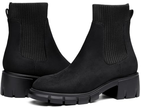 Ruanyu Womens Platform Ankle Boots Elastic Chunky Block Heel Chelsea Booties Lug Sole Non-Slip Combat Shoes