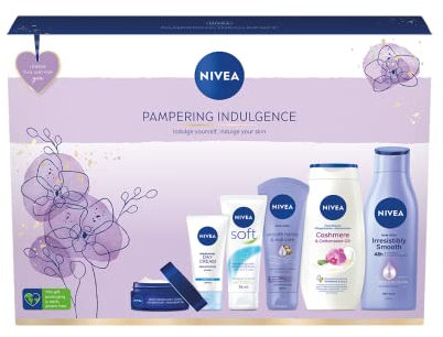NIVEA Pampering Indulgence Gift Set (6 Pieces), Luxury NIVEA Gift Set Includes Shower Cream, Day and Night Cream, Body Lotion and More, Gifts for Women