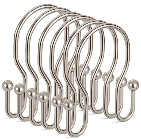 TENOVEL - Set di 24 ganci per tenda da doccia, doppio lato, antiruggine per tenda da doccia, resistenti anelli per asta doccia, nichel spazzolato
