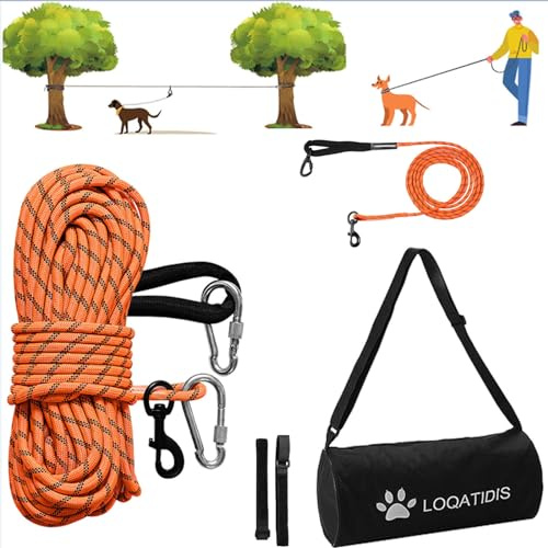 LOQATIDIS 3 en 1 Cable de Amarre para Perros, 15m 30m Sistema portátil de la Carretilla de Arriba, Correa Reflectante para Perros para el Patio Parques Entrenamiento Correr, Bolsa de Hombro