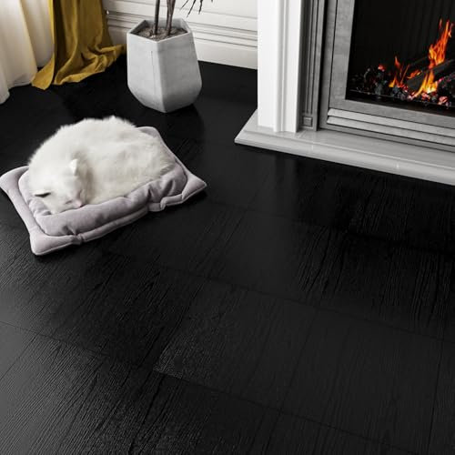 LaCheery 4 plattor PVC golvbeläggning självhäftande svart vinylgolv självhäftande träutseende självhäftande kakel golv svart 30 x 30 golvbeläggning vattentät vardagsrum golvplattor klistermärken kök