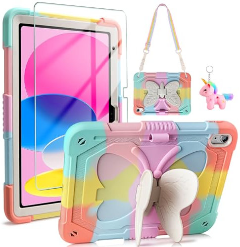 Coolden for iPad 10th Generation Case for Kids Girls with Butterfly Stand Screen Protector Shoulder Strap Dolls Pencil Holder Rugged Protective Cases Cover for iPad 10th/11th A16 Generation Case