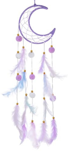 Dimeho Moon Dream Catcher Wall Decor, Purple Pompom Feather Dream Catchers Boho Room Decor Handmade Feather Wall Hanging Ornaments Dreamcatcher for Women Mom Birthday Gift Home Decoration, Purple