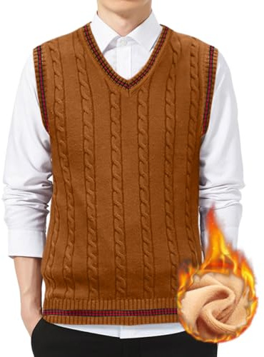 nicticsi Uomo Classico Attività Commerciale Maglieria Panciotto Senza Maniche Maglione in Tinta Unita Casual Comfort Gilet in Maglia Fine Gilet Autunnale e Invernale con Scollo a V E Marrone S