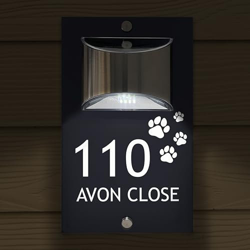 Custom Signs Solar Illuminated Modern Anthracite Grey House Number Sign 24cm x 14.5cm Dog Paws Design