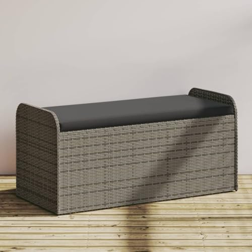 IKAYAA Banco de Jardín de Ratán Sintético con cojín Banco de Exterior con Caja de Almacenaje Baúl almacenaje para Patio Terraza Balcón 115 x 51 x 52 cm Gris
