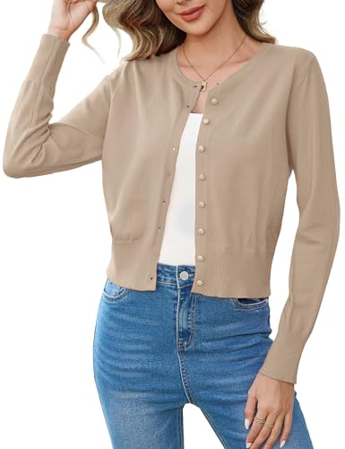 Aottori Coprispalle Donna Elegante Cardigan Corto Button Down Bolero a Maglia Girocollo Maglione Open Front Giacca Leggero Manica Lunga Albicocca S