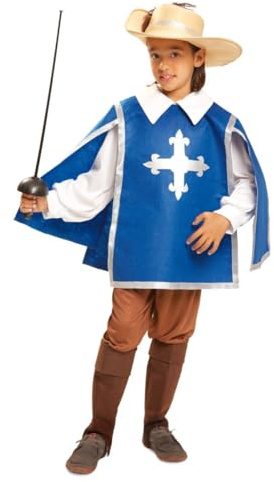 My Other Me Déguisement Mousquetaire pour enfant, 5-6 ans. Comprend un chapeau beige avec plume et bande argentée, une chemise blanche, une casaque bleue avec croix, un pantalon et des guêtres marron.