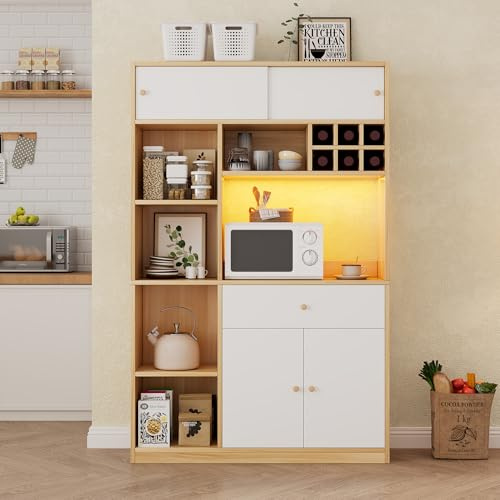 boorbin Armadietto da cucina, buffet con buffet LED, armadio multiuso, con un cassetto, tre ante e ripiani per riporre posate, grande spazio per forno a microonde. 115 x 35 x 180 cm (larghezza x