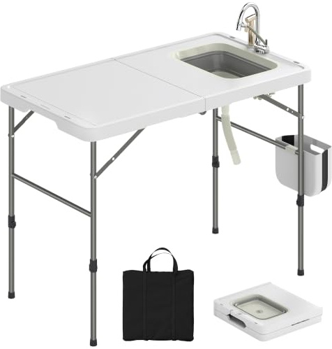 Outsunny Mesa Plegable Camping con Fregadero Mesa Portátil con Grifo | Altura Regulable, Cubo Plegable, Bolsa de Transporte, Ranuras para Cuchillos, Mesa Auxiliar Exterior para Jardín Terraza