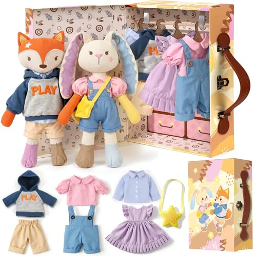 vamei Peluche de conejo y zorro muñecos de peluche, vestidor armario con maletín de transporte para ropa de muñecas, juguetes de regalo a partir de 3, 4, 5, 6 años