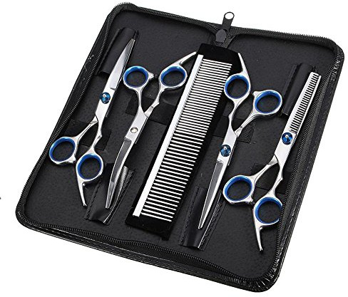 Hebey Tijeras de Perro Peluquería Profesional Entresacar Grooming Kit Set 4 Juegos de Tijeras Curvas para Cortar el Pelo a Mascotas Acero Inoxidable para Mascotas Perros Gatos