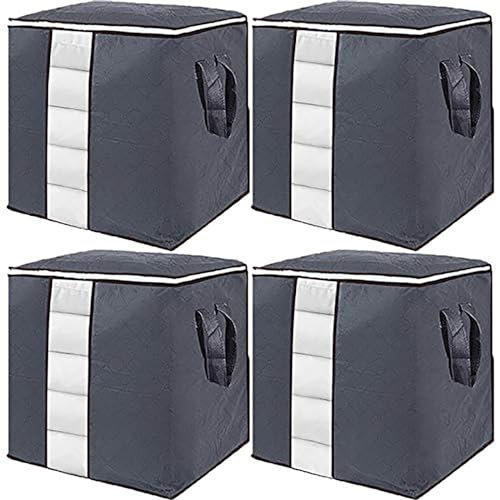 GoMaihe Aufbewahrungstasche 4 Set, Faltbare Aufbewahrungsbox mit Deckel Kleideraufbewahrung Groß, kleiderschrank Organizer mit Reißverschluss Griff Aufbewahrung Boxen für Bettdecken Kleidung Decken