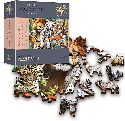 Trefl - Holzpuzzle, Wildkatzen im Dschungel - 500+1 Teile, Wood Craft, unregelmäßige Formen, 50 Tierfiguren, hochwertiges modernes Puzzle, DIY, für Erwachsene und Kinder, holzpuzzle Erwachsene