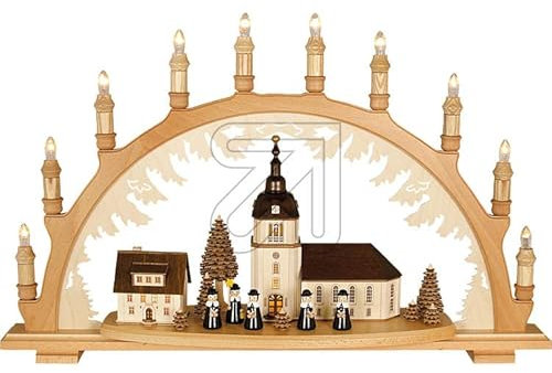 3D Holz-Schwibbogen Lichterbogen Made im Erzgebirge (in verschiedenen Varianten erhältlich) (Dorfkirche Buche hell)