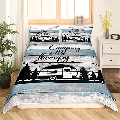 Camping Bettbezug für Jungen Kinder Teenager Erwachsene,Glückliches Camping Bettwäsche Rustikal Bauernhaus Stil Bettbezug,Alte Scheunentor Bettwäsche Schwarze Skizzenzeichnung Bettset,135 x 200